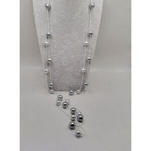 Modern Silver Tone 38 Inch Necklace with Gray Faux Pearls 10mm Beads